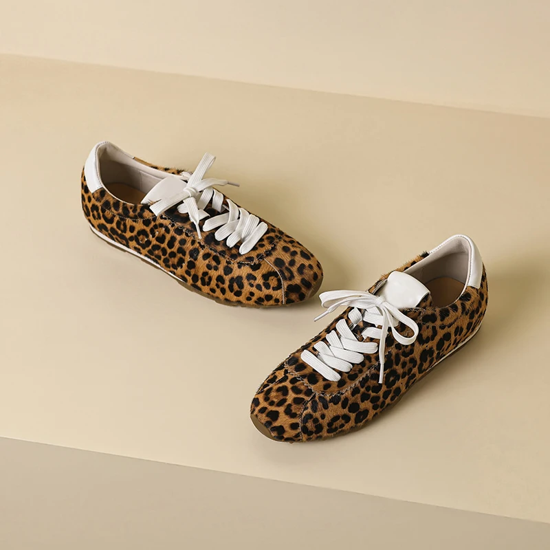 

100% Handmade Genuine Leather Lace Up Women Casual Shoes Leopard Print Dexter Shoes Soft Sole Comfortable Versatile Women Flats