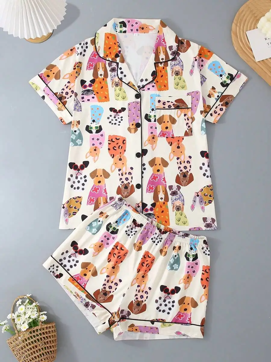 

2pcs Womens Short Sleeve Pajama Set With Cartoon Dog Print Collared Button-Up Top And Shorts