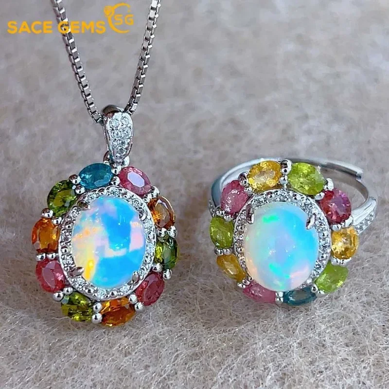 

SACE GEMS New Luxury 925 Sterling Silver 8*10MM Natural Opal Rings for Women Engagement Cocktail Party Fine Jewelry Set Gift