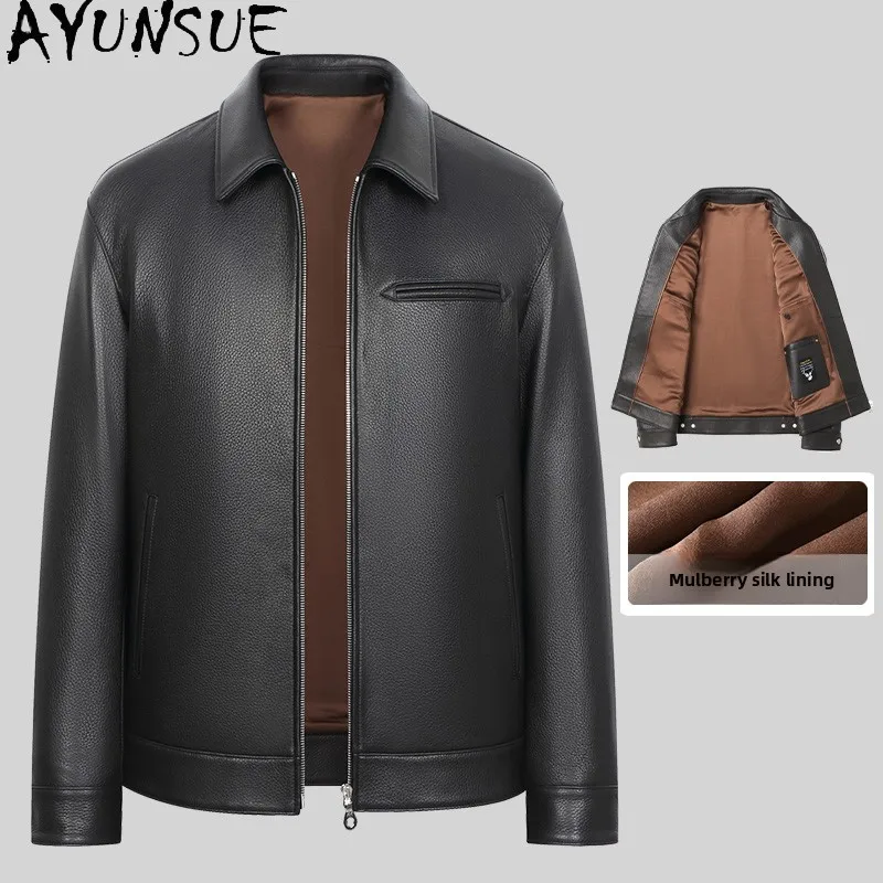 AYUNSUE High-end Genuine Leather Jacket Men Zipper Lapel Real Deerskin Leather Coat Casual Business Luxury Black Leather Jackets