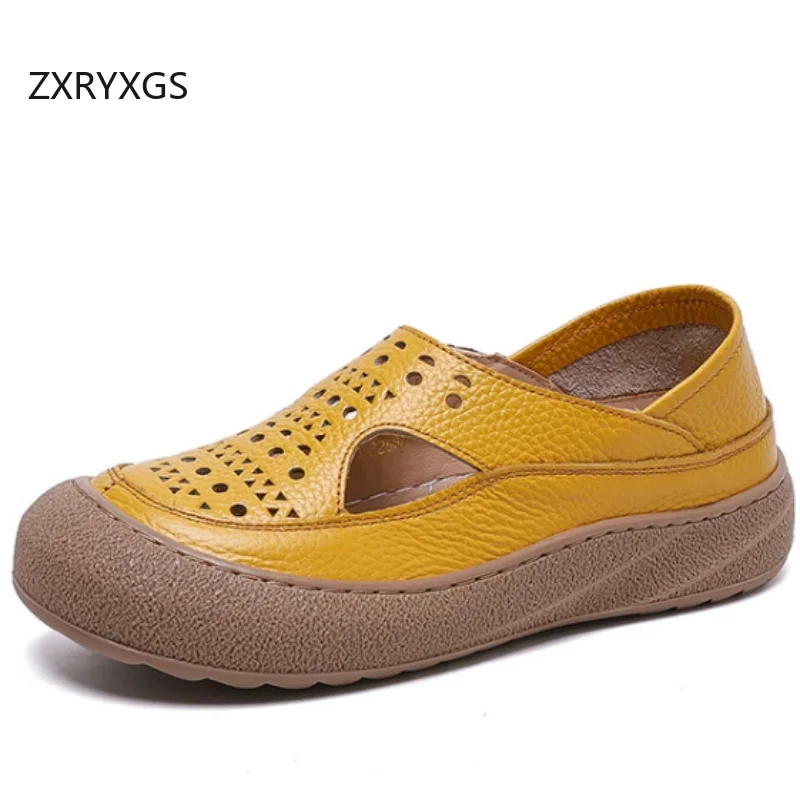 ZXRYXGS Promotion 2026 Round Toe Hollow Real Leather Sandals Casual Shoes New Summer Women Sandals Breathable Soft Flat Sandals