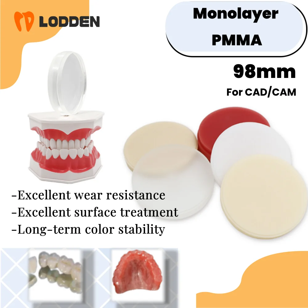 

LODDEN Monolayer PMMA Dental Disc 98mm Dentist Clear Glossy/Pink Monochrome Resin Block Dental Lab Materials for CAD/CAM System