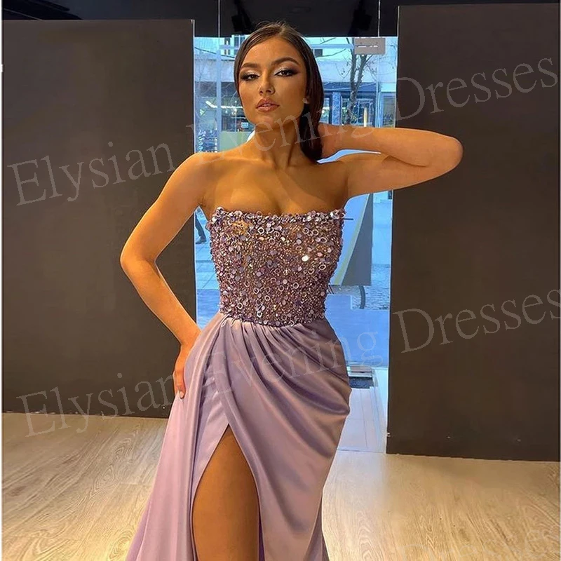 2024 Arabic Graceful Purple Mermaid Women's Evening Dresses Classic Sleeveless Sequined Prom Gowns Side Split Vestidos De Noche