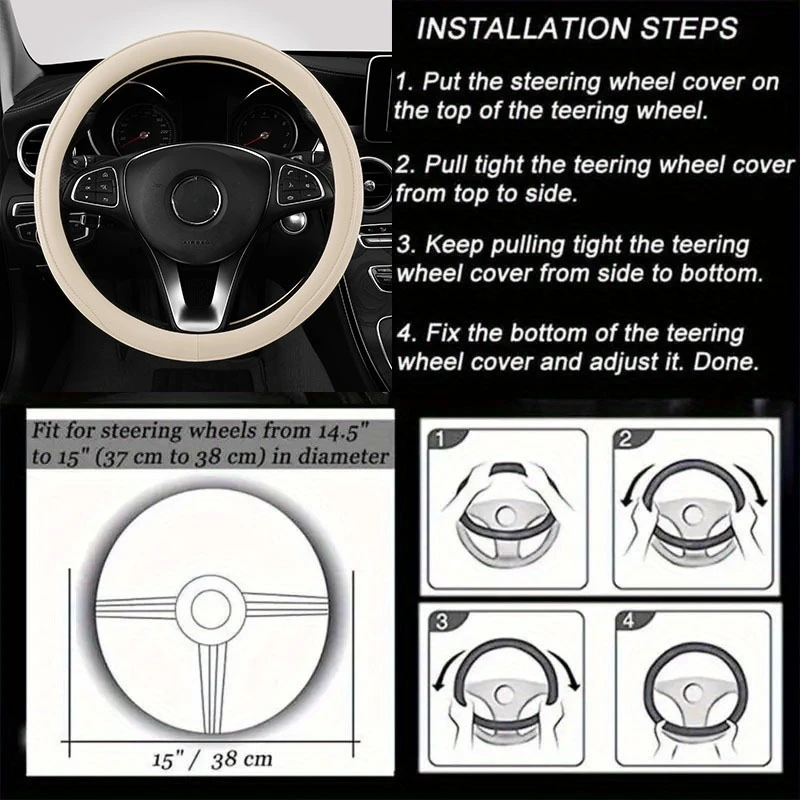 PU Leather Perforated Steering Wheel Cover Durable Leather Cover with Anti-Slip Lining, Fits 14.5-15in Diameter