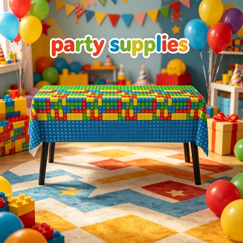 Building Block Brick Style Tablecloth Stylish Cartoon Figures Birthday Party Gamer Decor Disposable Table Cover Gift Supply Kit - view 4