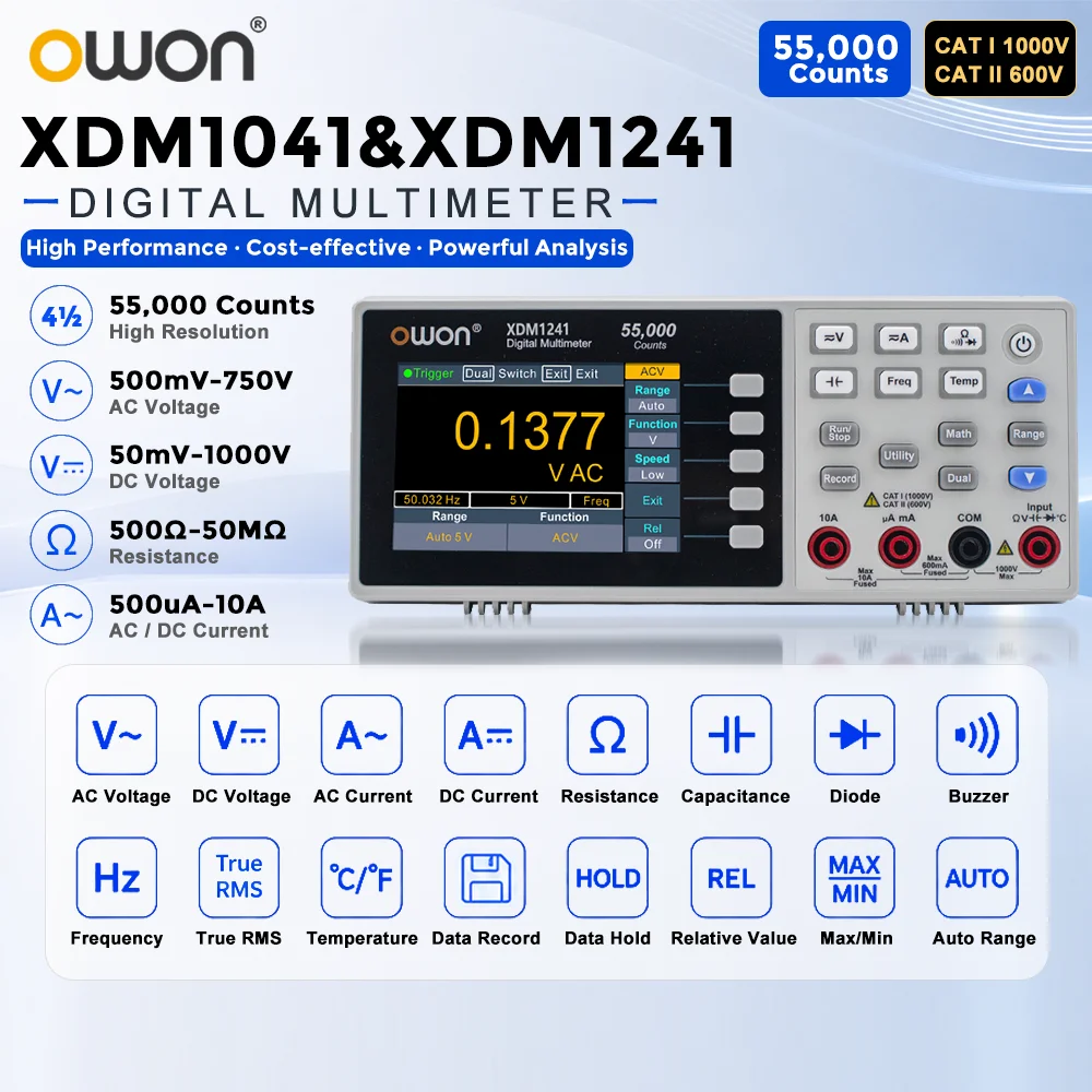 OWON XDM1041/XDM1241 Bench Digital Multimeter 4 1/2 Digits True RMS Current Voltmeter Temperature 3.5