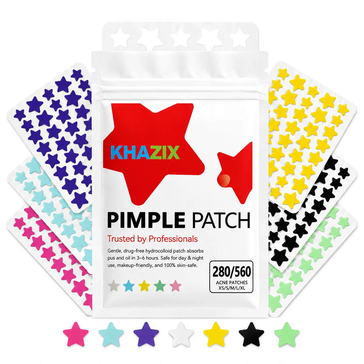 Star Blemish Patches,  Hydrocolloid Acne Stickers, 7 Colors Variety Pack, Ultra-Thin Pimple Covers for Face Spots, Skin-Friendly