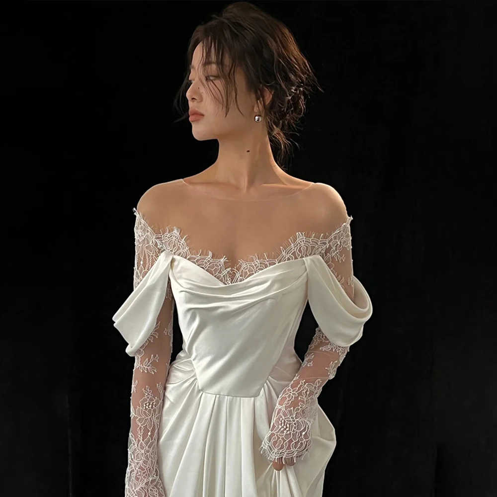 Robe de Mariage en Tulle à Manches sulfet Fente Haute, Vêtement en Satin Froncé, de Grande Taille, A-ligne, pour Patients