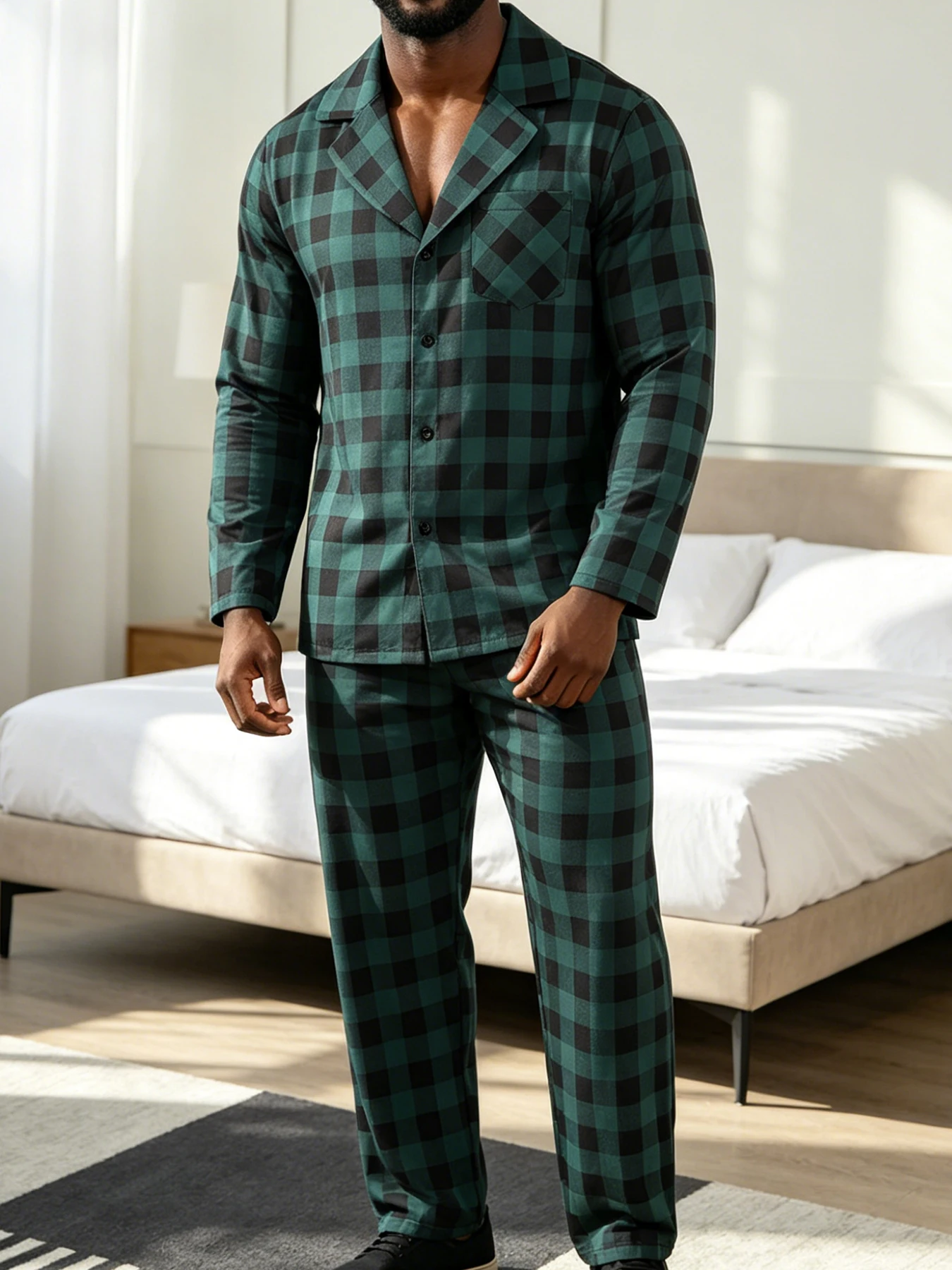 

Men's Classic Large Checkered Pajama Set: Long-Sleeve Cardigan with Turn-Down Collar + Elastic Waist Long Pants, Soft Woven Casual Loungewear Set