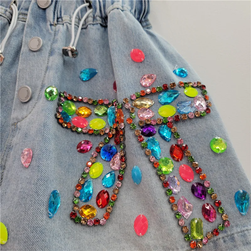 Heavy Industry Bow Beaded Elastic Waist Denim Shorts Women 2024 Summer New Inlaid Color Diamond High Waist Wide Leg Shorts