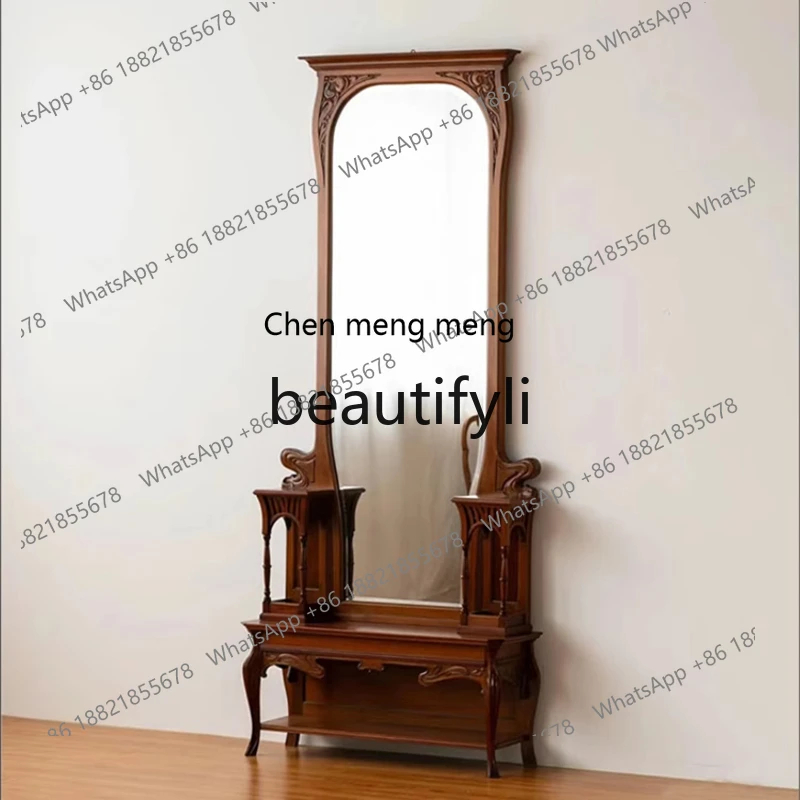 

European medieval solid wood carving old floor mirror neoclassical carving makeup coat and hat mirror H