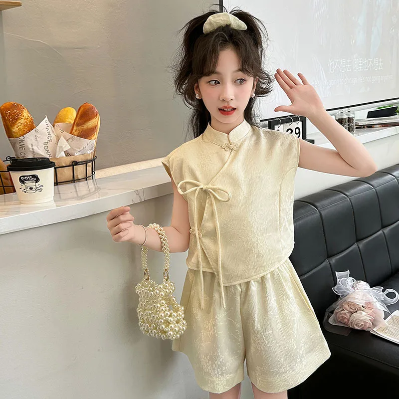 Girls Suits Chinese Style Jacquard Summer Set 2024 New Children New Chinese Lace-up Sleeveless Shorts Two-piece Set Clothes