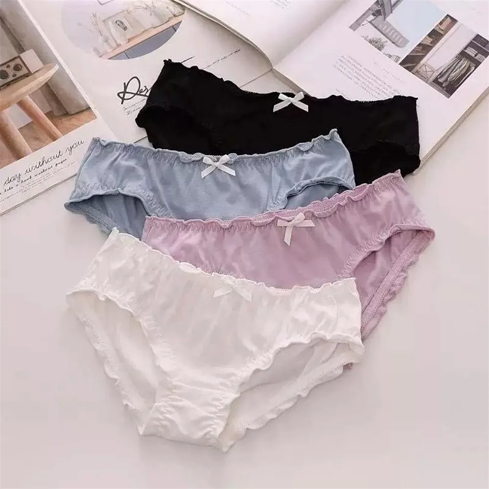 Solid Color Pure Cotton Briefs Women Black White Khaki Ruffles Underwear Mid Waist Girls Students Panties Comfortable