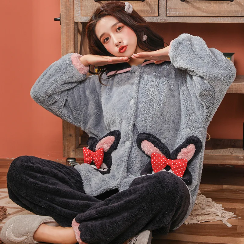 

Women Flannel Homewear Lady Two Piece Set Loose Casual Sleepwear Autunm Winter New Female Coral Velvet Pajamas Nightwear