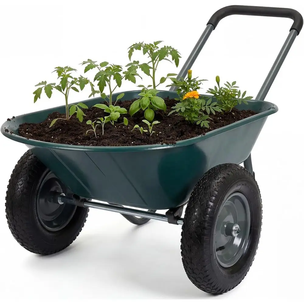 

Wheelbarrow Garden Cart, Heavy Duty Home Utility, Dual-Wheel Home Garden Yard Utility Wheelbarrow Cart with Built-in Stand,(Gree