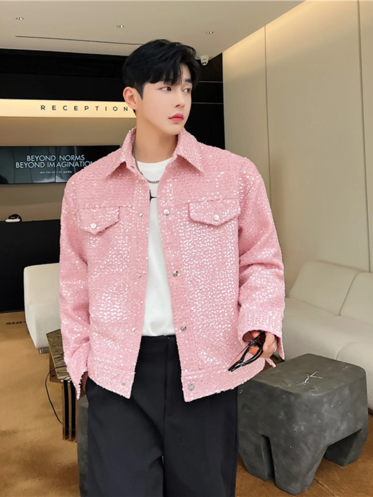 

Spring ort Men's Jaet Sparkling Sequins Faionable Design Street Sle Youthful Polyester Anti-Wrinkle Outerwear