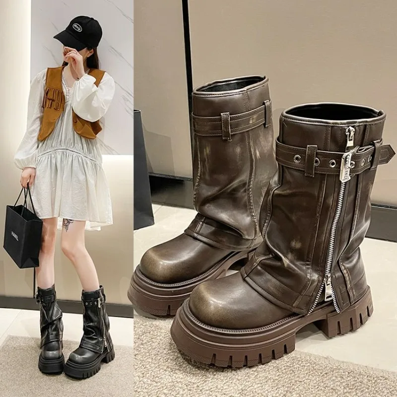 Botas de invierno negras con cremallera para mujer 2026, botines cortos elegantes con plataforma y hebilla de cinturón marrón, botines casuales de mujer estilo motociclista.