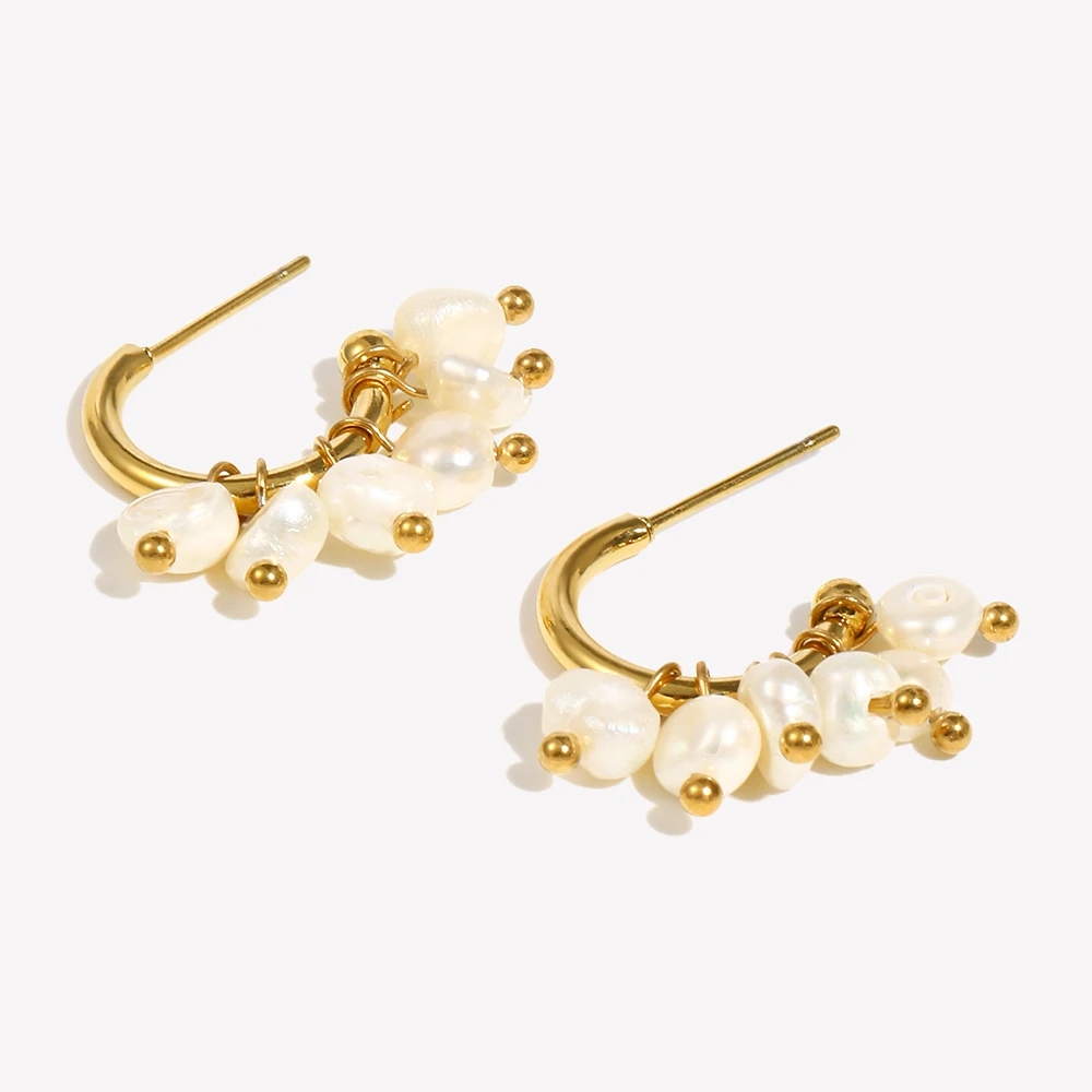 E.B.belle Super Elegant Delicate Small Freshwater Pearl Hoop Earrings 18K Gold Plated Stainless Steel Mini Gold Pearl Earring