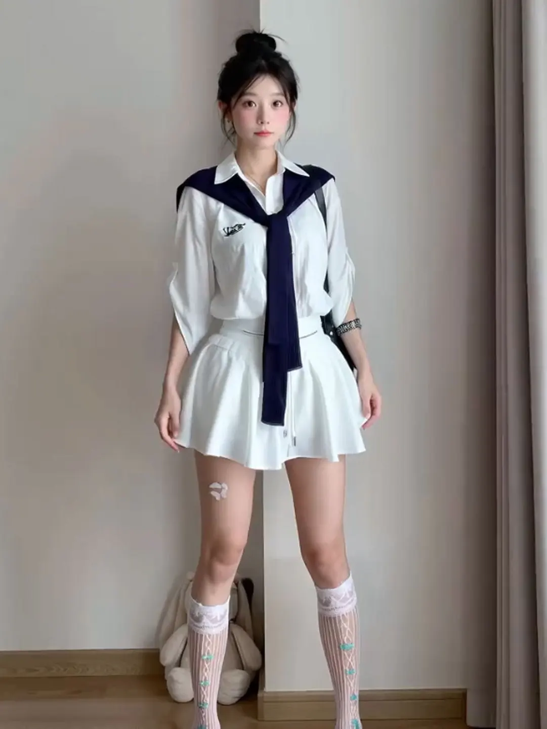 

Summer New White Stripes Short Sleeve Women's Fashion Set with Versatile Skirt Collar Loose Fit College Style