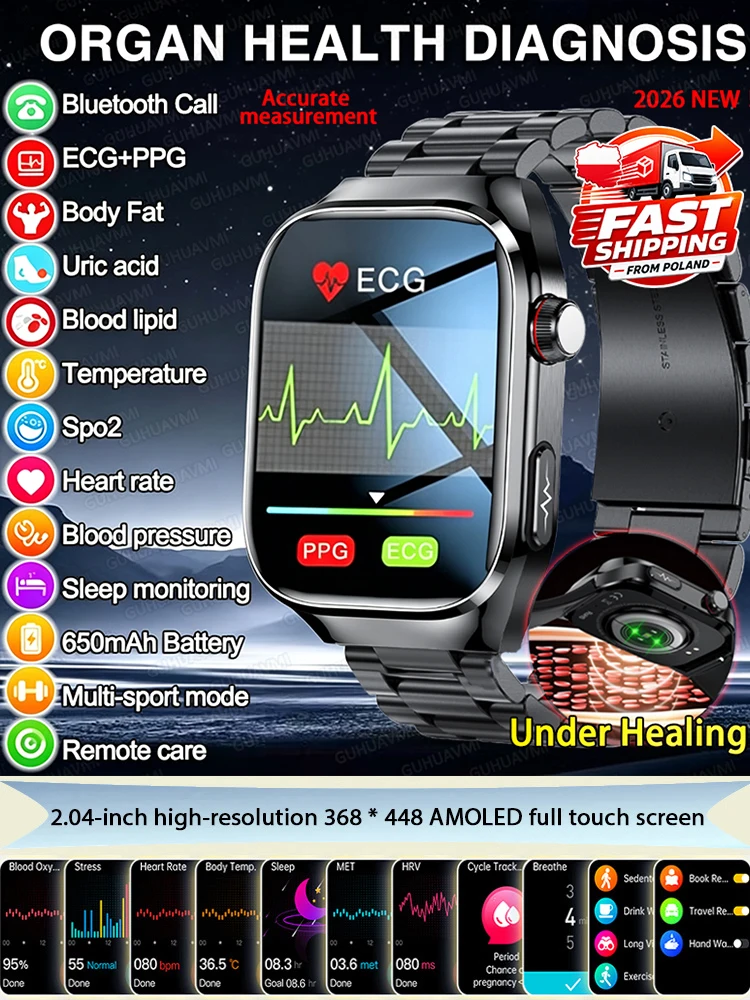 Nowy smartwatch EKG 2026 dla mężczyzn i kobiet, pomiar ciśnienia krwi, tętna, temperatury ciała, analiza stanu organizmu, zegar, monitor kwasu moczowego i lipidów we krwi, smartwatch z funkcją — 2
