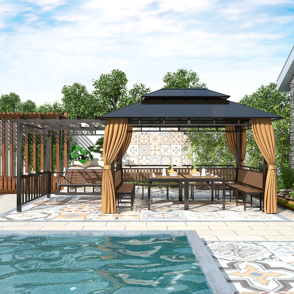 Garden Pavilion Wrought Iron Gazebo Mosquito Net Pergola Tent 300*500CM Durable Waterproof Sunshade Powder Coated Dark Brown