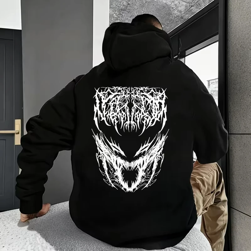 Sudadera con capucha para hombre con estampado de monstruo de heavy metal, estilo urbano oscuro holgada informal, de manga larga