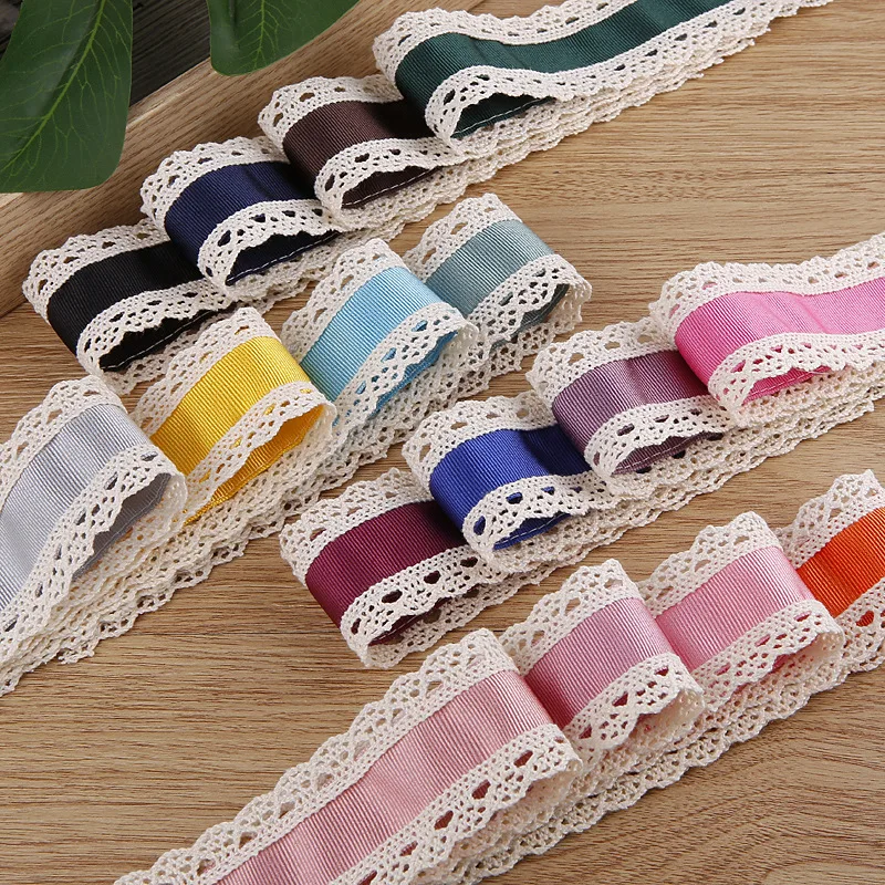40MM Satin Grogsrian Ribbon With Lace Beige Sided Handmade DIY Bow Hair Accessories Lolita Clothing Shoes Hats Accessories Trim