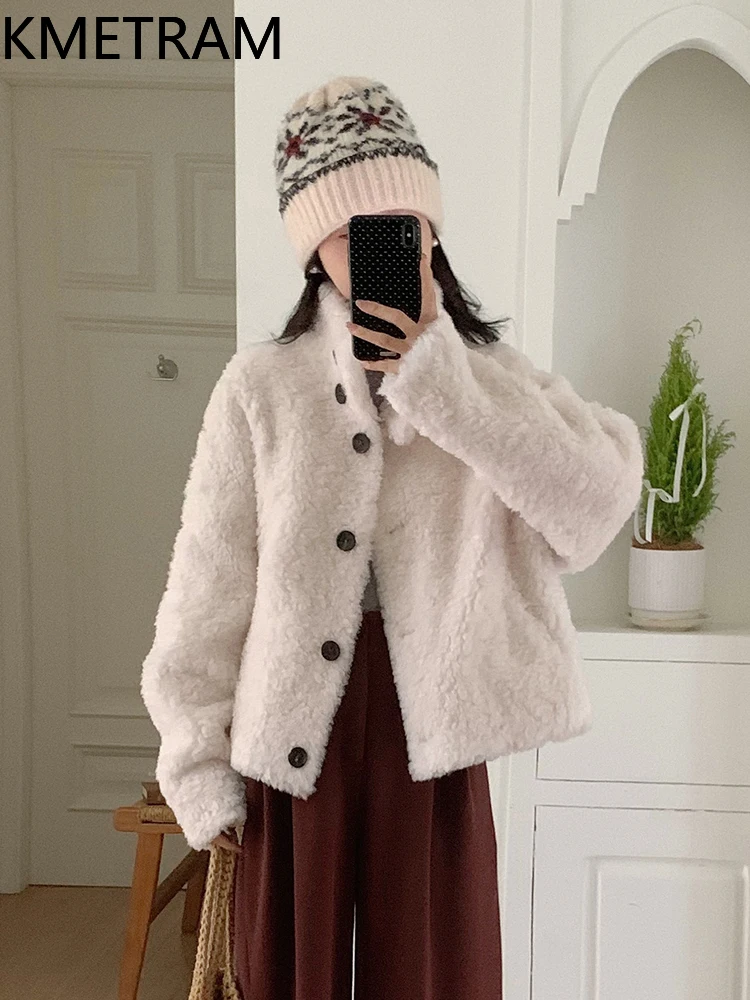 KMETRAM 100% Australian Wool Stylish Winter 2025 New Fur Short Coat with a Stand-Up Collar and One-Piece Design пальто женское