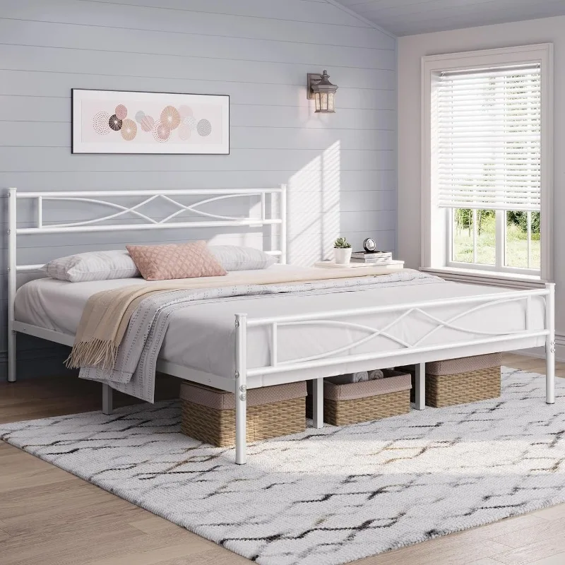 Metal King Size Bed Frame, Platform Bed Frame, Mattress Foundation with Curved Design Headboard & Footboard, NO Box Spring