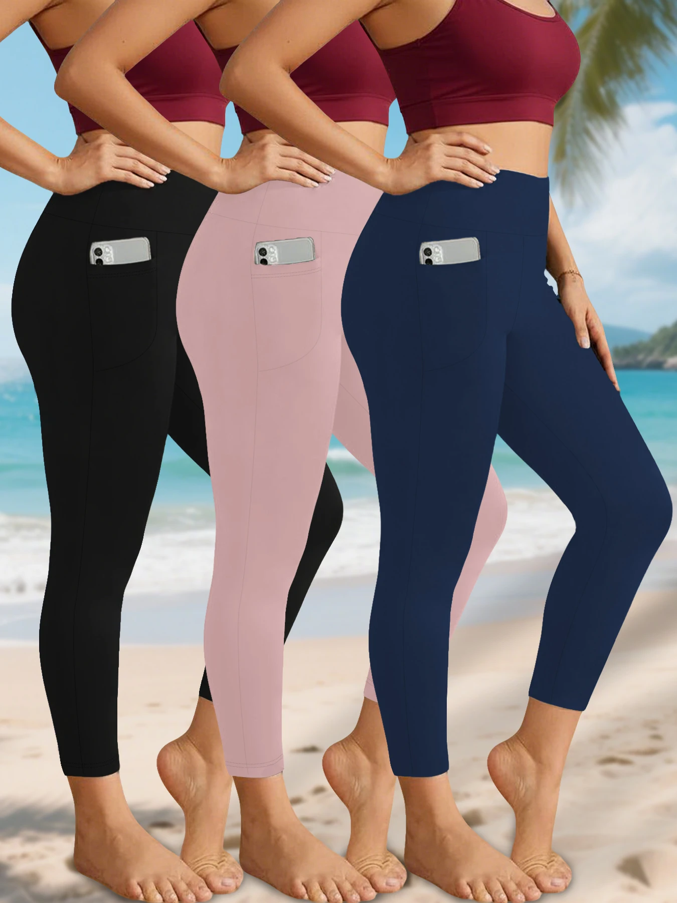 

Комплект из 3 женских спортивных леггинсов с карманами, 5-дюймовые, с высокой талией, супермягкие, с эффектом утягивания живота, непрозрачные