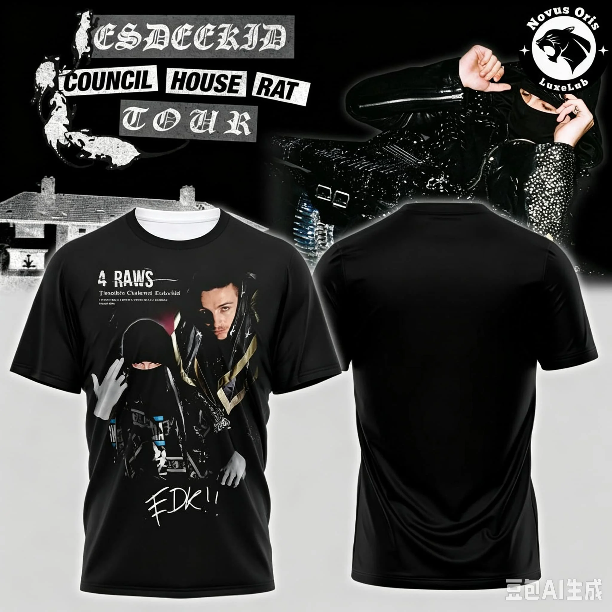 Esdeckid Council House Rat Tour T‑Shirt Portrait  Print Short‑Sleeve Hip‑Hop Rap Music Concert Fan Casual Tops Family Matching