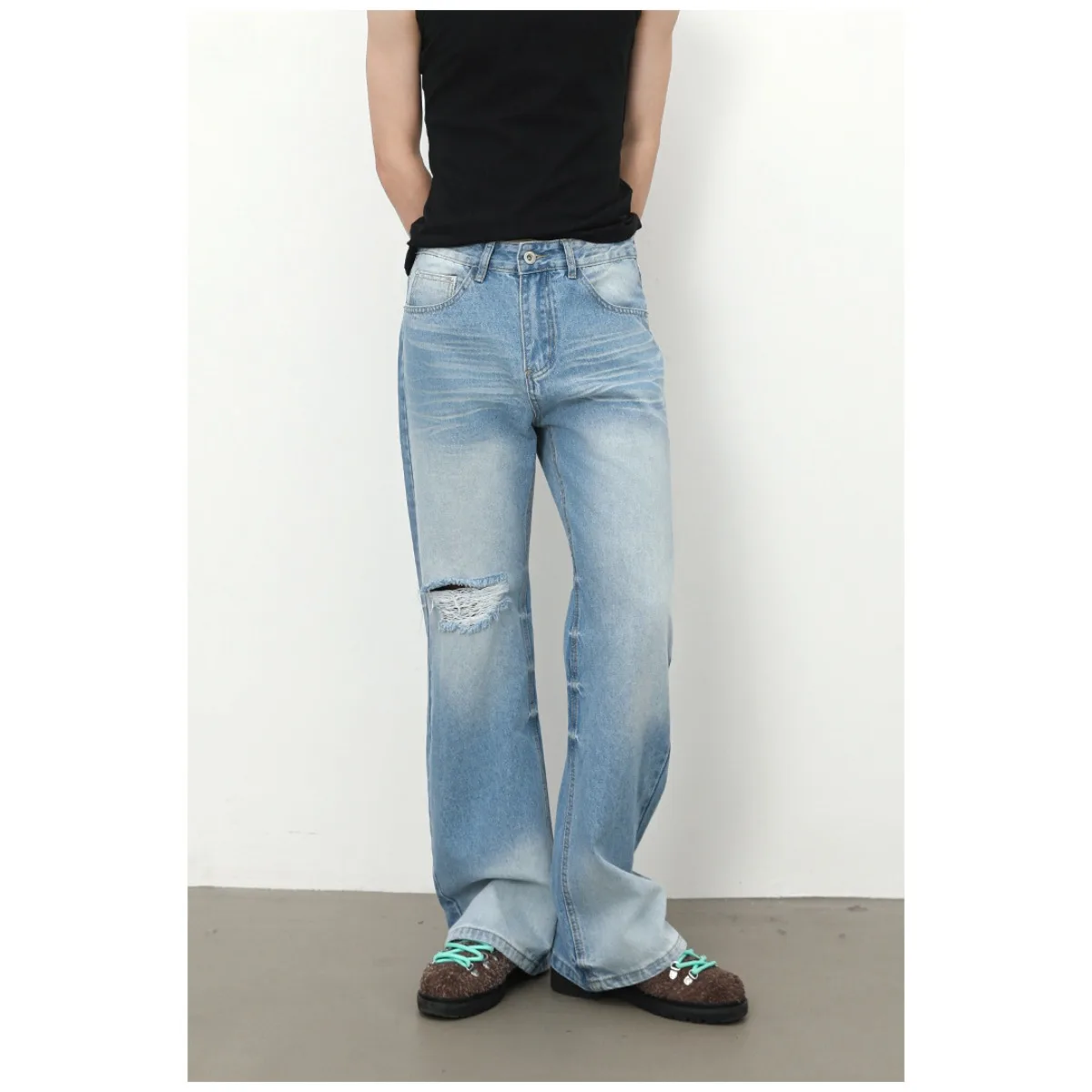 Woman Ripped Wide Leg JeansGradient Washed Loose Fit Straight Denim Pants Streetwear Baggy Jeans Casual Fashion