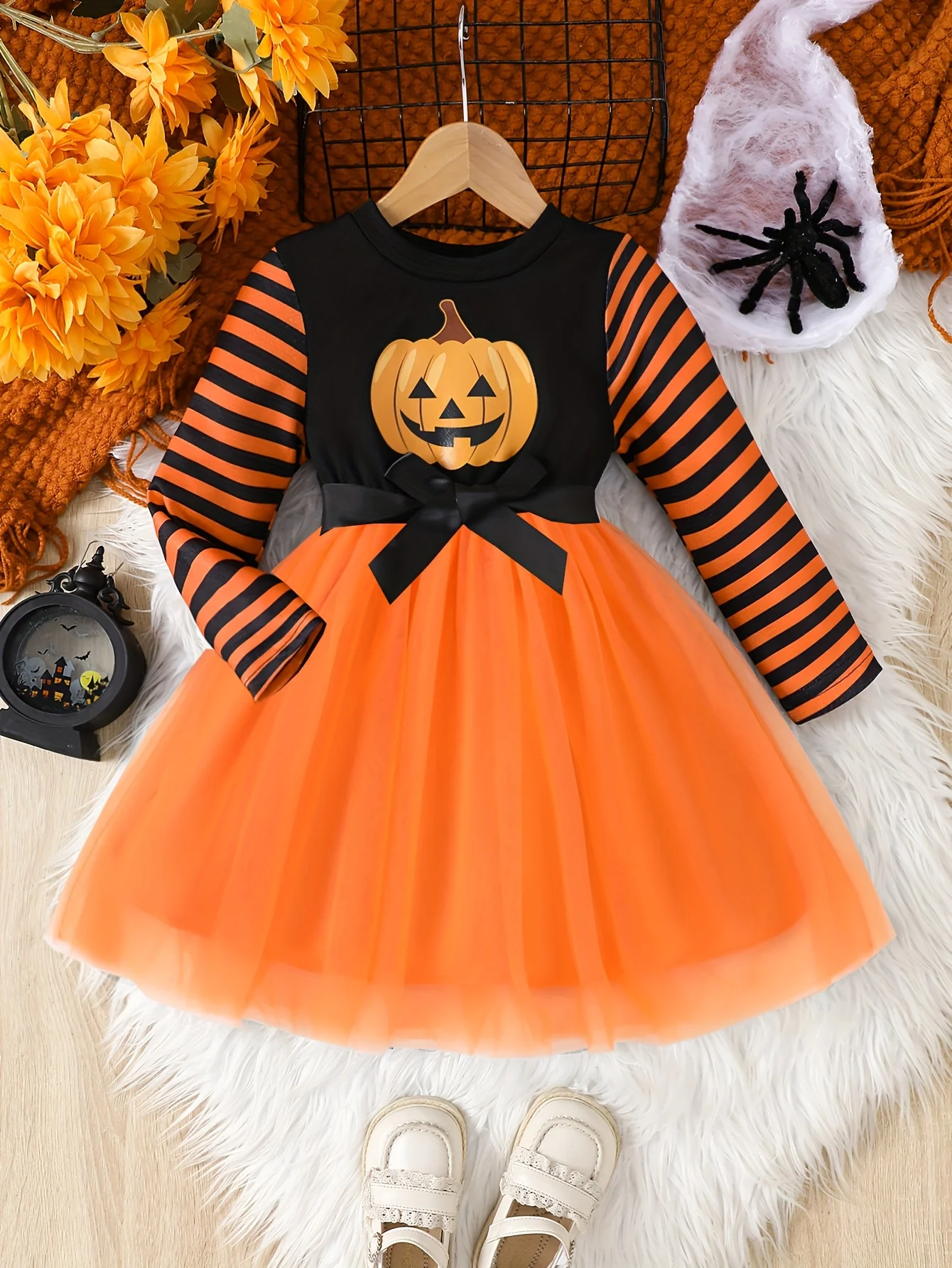 Gestricktes, langärmliges, rundhalsiges Halloween-Kürbis-Kleid mit Wärmeübertragung und gestreiftem Mesh-Print für Mädchen, Partykleid, Geschenk – Detail 2
