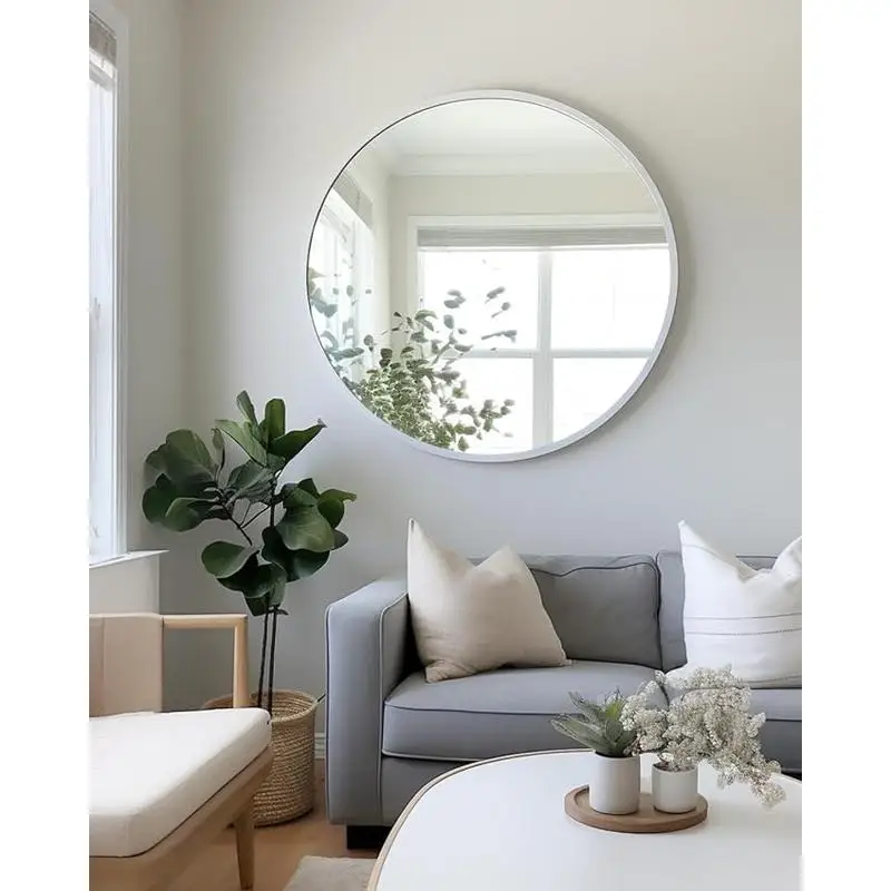 Espelho de parede redondo com moldura de metal prateado de 42 polegadas para banheiro