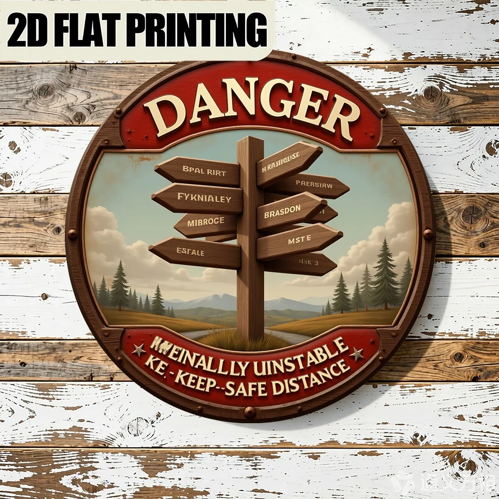 Vintage 2D Wall Art, Round Danger Sign with Direction Arrow, 11.81x11.81 Inch Bar Club Cafe Kitchen Decor