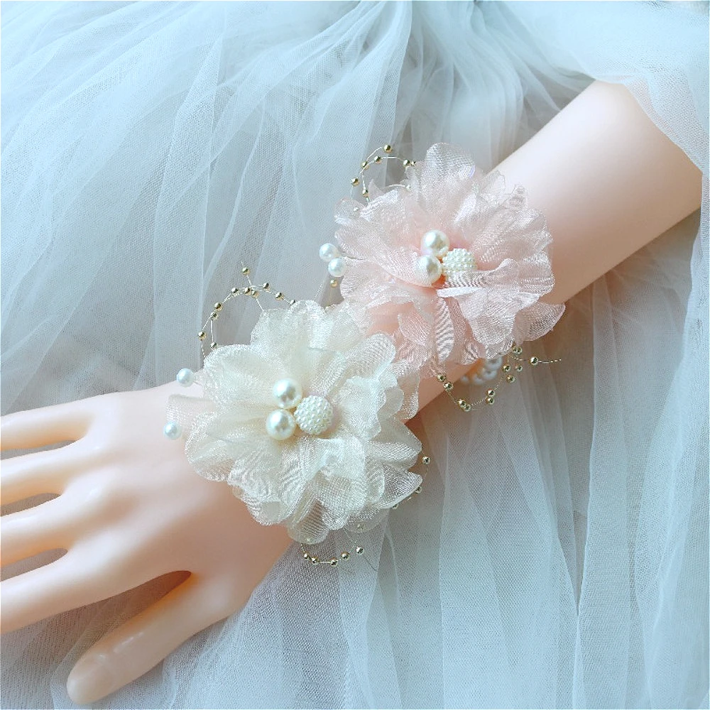 

Wrist Corsage for Bride Organza Tulle Flowers Pearl Beaded Bracelet Bridesmaid' Corsage Wedding Supplies Marriage Prom Party