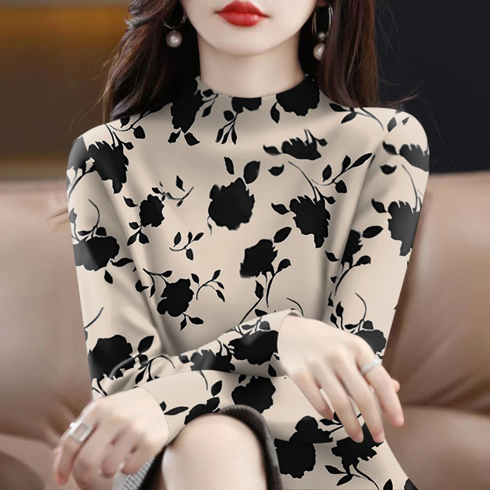 Women Half High Collar Printed Long Sleeve Pullover Base Shirt Casual Holiday Party Tops Plus Size T-shirt
