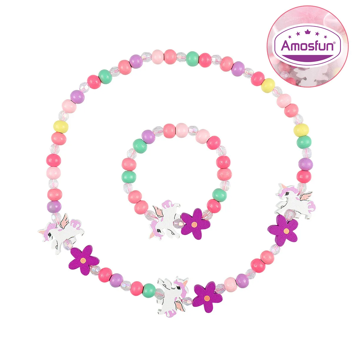 

Children Wooden Beads Necklace and Bracelet Set Colorful Unicorn Jewelry Party Dress Up Photography Prop Girls Bracelet