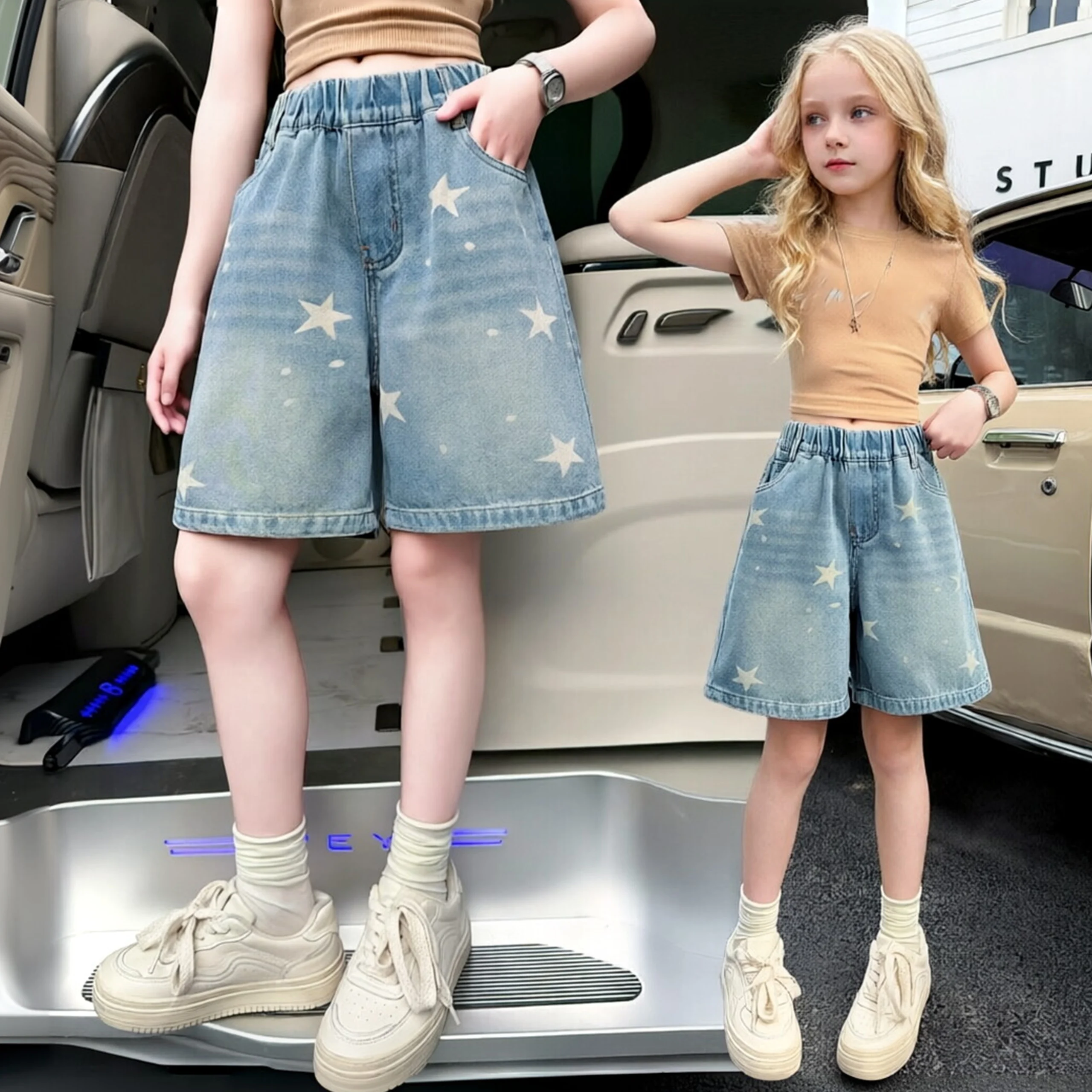Girls' summer thin denim shorts, medium and large children's love  quarter pants, soft denim  casual pants and shorts suitable