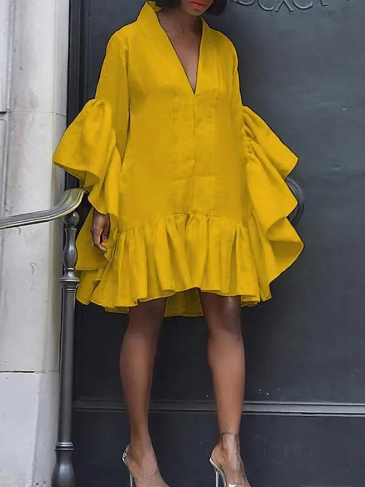 ชุดเดรสสั้นสีฟ้าสำหรับงานปาร์ตี้ฤดูร้อน แขนบาน คอวี ทรงหลวม ชายระบายจีบ สไตล์ลำลอง สวยสง่า เหมาะสำหรับออกงาน