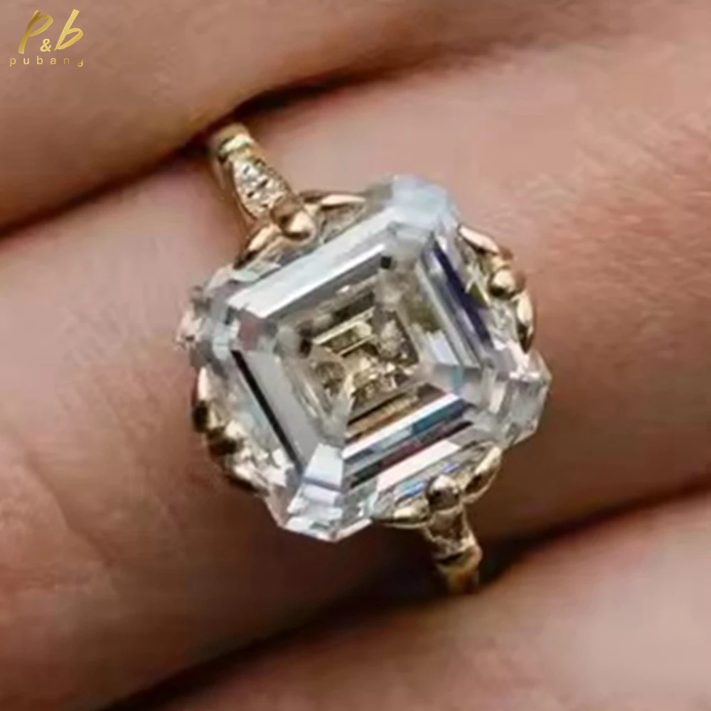 

PuBang Sparkling 3EX VVS1 8-каратное кольцо с муассанитом и драгоценными камнями Asscher Cut, ювелирные изделия из желтого золота 18 карат для женщин, помолвка с GRA