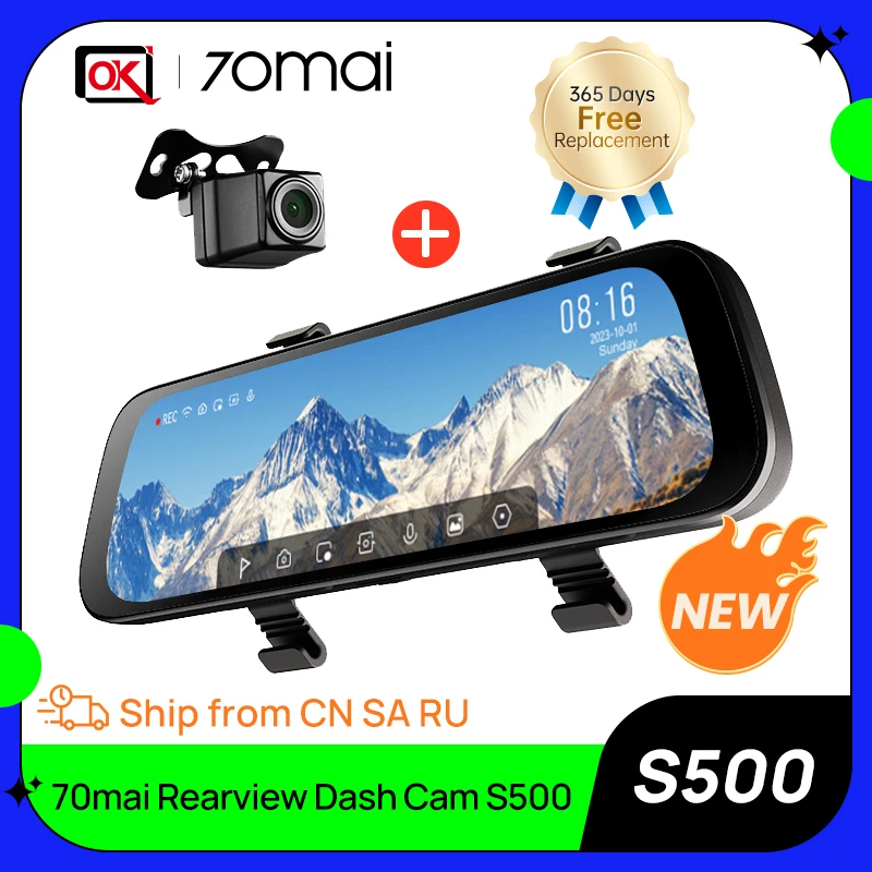 70mai Rearview Dash Cam Update version S500 9.35'' Touch Screen  Car DVR 3K Super Capacitor Dual-Channel HDR Voice Control 24H P