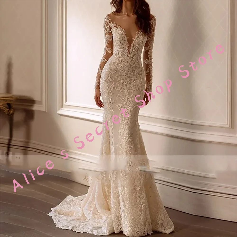 

Classic V-Neck Lace Appliquins Backless Mermaid Bride Wedding Dresses Bridal Gowns Customized