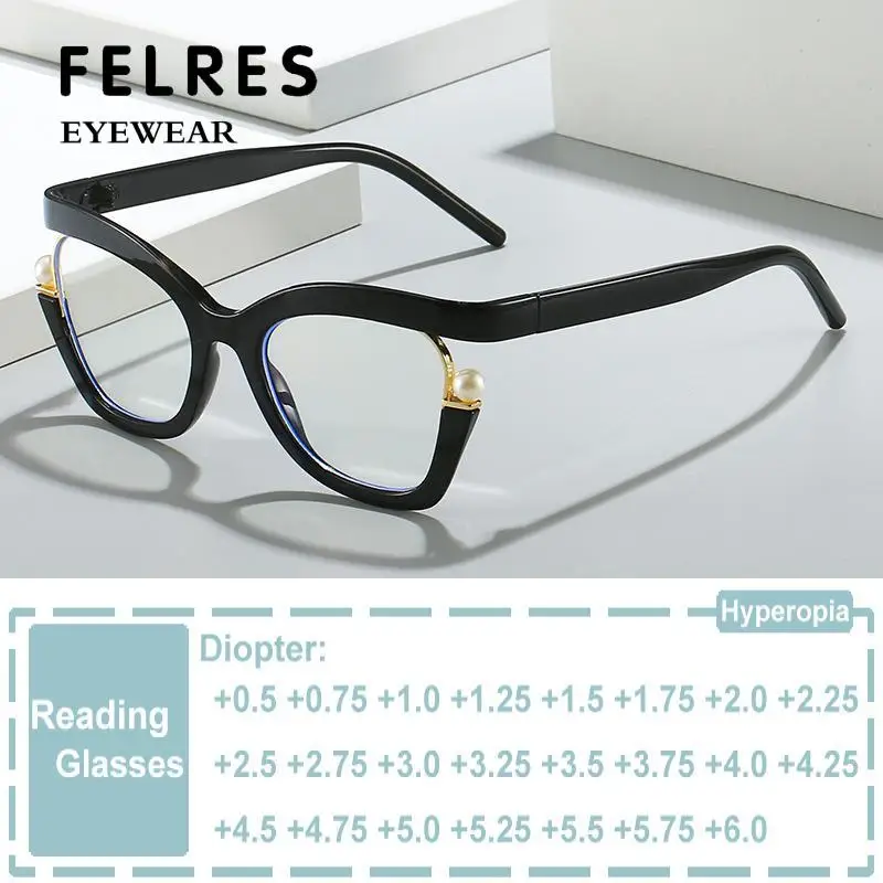 Fashion Cat Eye Anti Blue Light Reading Glasses Luxury Brand Designer Half Frame Pearl Eyeglasses Women Presbyopia Eyeglasses