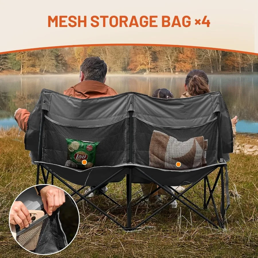 كرسي تخييم مزدوج ساخن بوزن 700 رطل، أريكة تخييم قابلة للطي للاستخدام الخارجي عالي التحمل مع راحة ومتانة معززة، مثالية للخارج