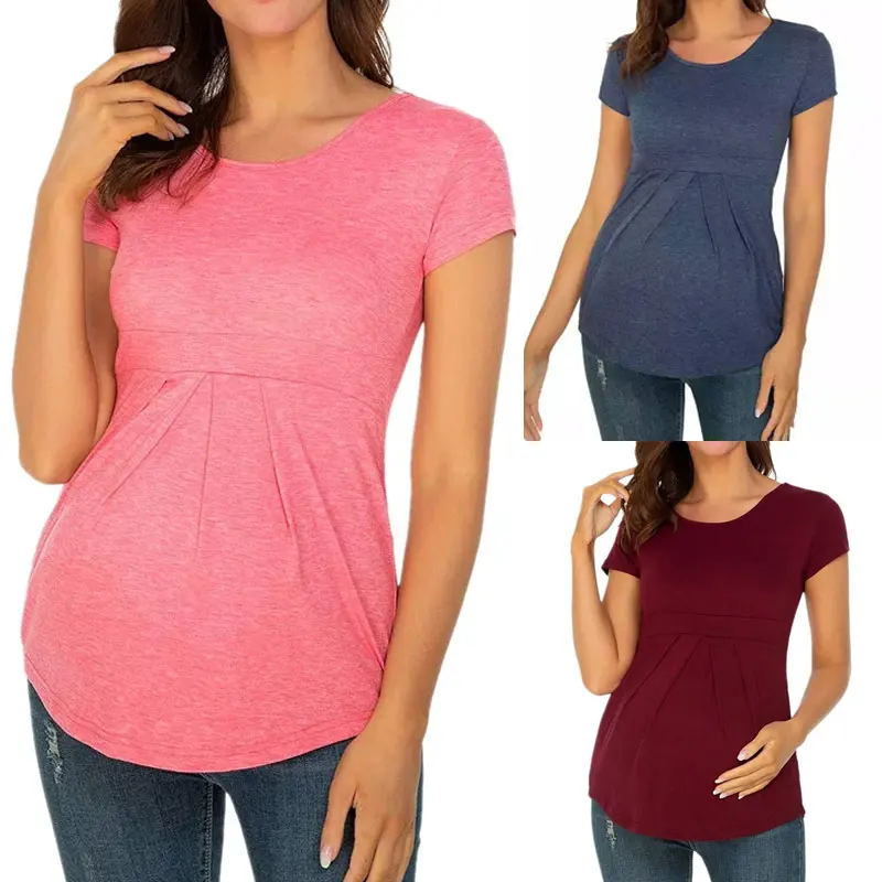 

Summer Maternity Tees Short SLeeved Round Neck Solid Color Women T shirts Casual Pleated Ventilated Fallow Pregnancy Clothing