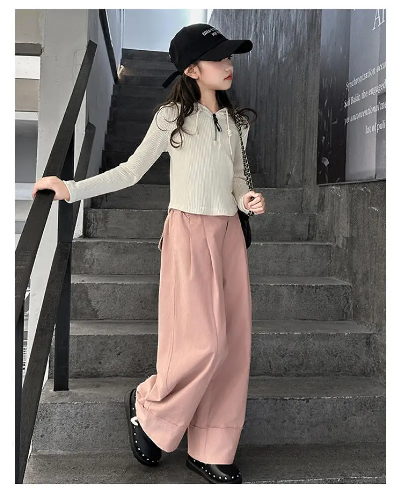 

Kawaii модный трикотаж с капюшоном для девочек, топы, широкие брюки, студенческий осенний повседневный свитер, длинные брюки, комплект из 2 предметов, детская одежда