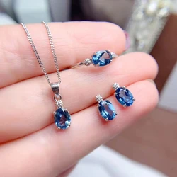 London Blue Topaz Ring Earrings and Necklace Pendant 5mm*7mm Total 2.8ct Natural Topaz 925 Silver Jewelry Set with Gold Plating