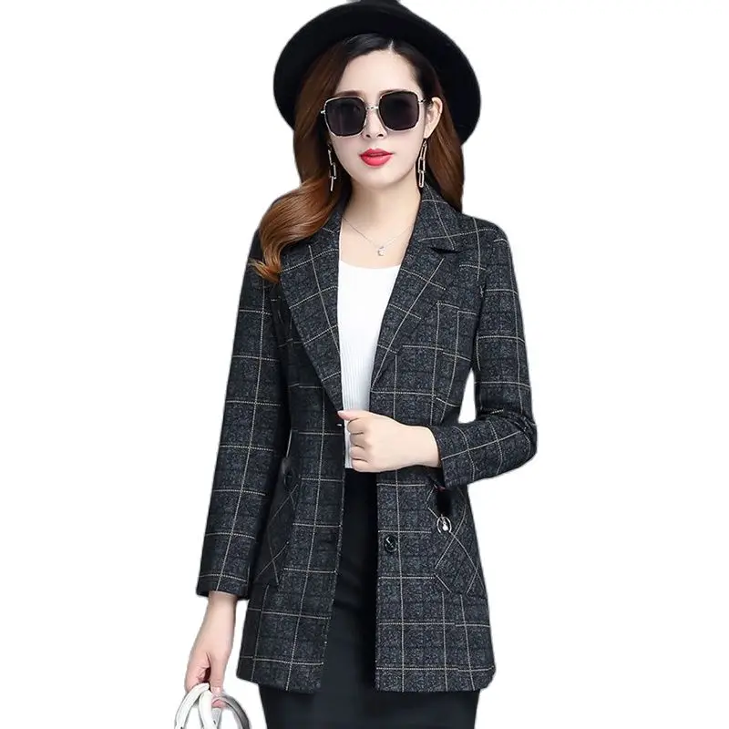 Spring Autumn Jacket Women\'s Blazers New Fashion Plaid Long Sleeve Single Breasted Suit Female Blazers Outerwear Casual Tops 4XL