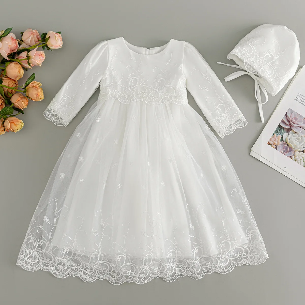 Baby Girl White Dresses Infant Lace Princess Dress Long Sleeve Embroidery Toddler 1 Year Birthday Wedding Party Baptism Gown